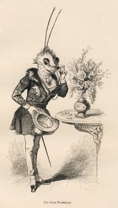 眼鏡をかけて時間を見る老蝶。JJ Granvilleによるイラスト入りのヴィネット。エングレーヴィングにBreviereのサイン、PJ Stahlが "Scenes de la vie privee et publique des animaux "の中で書いた "Les aventures d