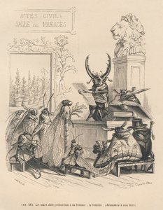昆虫の結婚誓約書JJ Granvilleによるイラスト入りのヴィネット。エングレーヴィングにはゴダールのサインがあり、PJ Stahlが書いた "Scenes de la vie privee et publique des animaux "の "Les aventures d