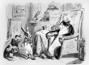 猫、イタチ、小さなウサギ、ラフォンテーヌ（1621-95）の「寓話」のイラスト、H。フルニエアイネ、1838年発行