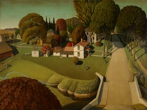 1931年アイオワ州ウエストブランチハーバートフーバーの生誕地（石積みの油） 作： Grant Wood