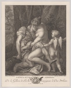 木の下に座って彼を抱きしめるアドニスを悼むヴィーナス、右側にキューピッド、c..., ca. 1786年。 作： Gérard René Le Vilain