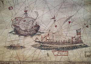 ガレーとポルトガルのカラベル（「地中海航海図」より抜粋