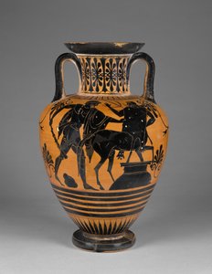 ヘラクレスとケンタウロスのアテナイアッティカ黒像式アンフォラ、紀元前480〜60年頃（テラコッタ）