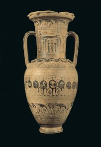 屋根裏アンフォラ、後期幾何II B期（紀元前720〜700年）（粘土を塗ったもの） 作： Greek