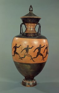 走る男性で飾られた屋根裏の黒像式パナシナイコアンフォラ、紀元前375〜370年（セラミック） 作： Greek