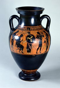 ヘラクレスのオリンパスへの歓迎を描いた屋根裏の黒像式首のアンフォラ、紀元前520年頃（セラミック）