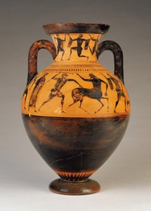 ヘラクレスがケンタウロスを追っている屋根裏の黒像式首アンフォラ、紀元前530年頃（テラコッタ）