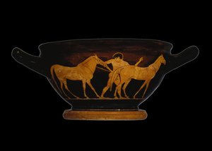 ヘラクレスとディオメデスの牝馬（陶器）を描いた屋根裏の赤像式スカイフォス 作： Greek