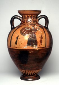 盾と槍を振りかざすアテナを描いた黒い像の壺 紀元前550年頃（陶製 作： Greek