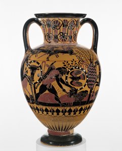 オデュッセウスがトラキア人を殺害したカルキシアン黒像式首アンフォラ、紀元前540年頃（テラコッタ）