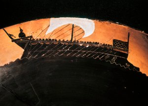 ギリシャの船をイメージしたアンティークの黒像式カップ。 紀元前5世紀。 BN、パリ。