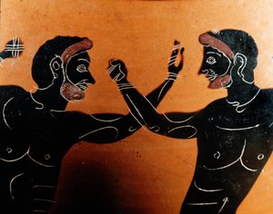 ギリシャの美術パナテナティック・テラコッタ・アンフォラ：プギラートの戦いを描いたディテール。ヴルチ族の戦士の墓。紀元前6世紀。ローマ、ヴィラ・ジュリア国立博物館 作： Greek
