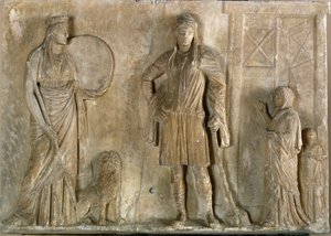 ギリシャ美術前2世紀の大理石製レリーフ「フリギアの神々、サイベレとその息子であり恋人であるアティス」。ヴェネツィア、アルケオロジコ美術館 作： Greek