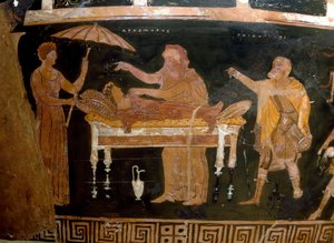 ギリシャの美術アルヘモアの壺：アルヘモア（オフェルテス）の葬儀 ダリウスの画家による絵画。ルヴォから。紀元前4世紀。ナポリ国立考古学博物館蔵 作： Greek