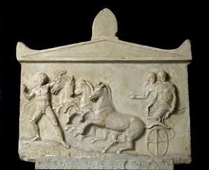 ギリシャ美術：ヘルメスとニンフに捧げられたレリーフ：バジルを取り除いたエチェロスのクアドリゲ。紀元前420-410年。アテネ、国立考古学博物館