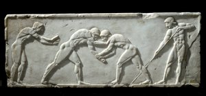 ギリシャ美術：格闘中の力士を表現したクーロスの台座。大理石の浮彫りストッキング、紀元前510～500年 - アテネ、考古学博物館 - 闘う力士たち - 大理石の浮彫り彫刻のクーロス像、紀元前510～500年 - アテネ、国立考古学博物館 作： Greek