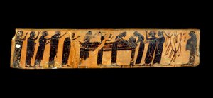 ギリシア美術：葬儀を表す陶製の黒人像が描かれた花瓶の断片：展示物の遺体の表現と、霊安室のベッドの周りに嘆きを義務付ける通路の表現、紀元前6世紀 - パリ、ルーヴル美術館 作： Greek
