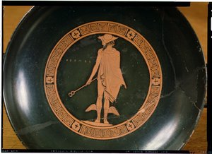 ヘルメス神（陶器）を描いたギリシャの赤像式カップ 作： Greek