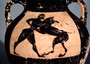 屋根裏の黒像式のアンフォラ（陶器）からの詳細、ネメアンライオンと格闘しているヘラクレス 作： Greek