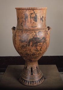 クレタ島のアプテラからのヘラクレスの出発を描いたクラテル、紀元前610年頃（セラミック） 作： Greek