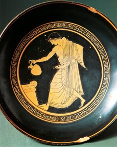 祭壇の近くにいる若者を描いたドーリス作のKylix、前6世紀（土器 作： Greek