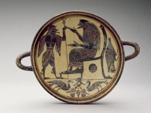 ゼウスとエルメスを描いたラコニアのキリックスカップ、紀元前550〜530年（粘土）（288296と288298も参照）