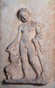 マグナ・グラエキア：遊ぶ少年 大理石のレリーフ 紀元前5世紀 作： Greek