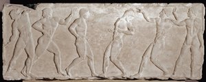 6人のアスリートを表現した葬儀用クーロスの大理石製レリーフ・ストッキング。紀元前510〜500年頃。アテネのアクロポリスよりアテネ国立考古学博物館 作： Greek