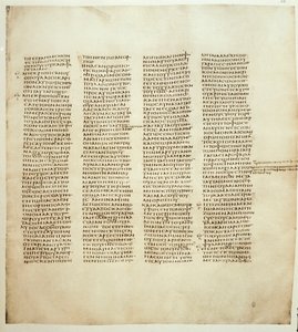 聖ヨハネの福音書のページ。ギリシャ語の写本は、330年から350年の間にシナイティカス写本として知られている。ロンドン聖書協会