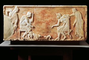 犬と猫の戦いを描いたステイル、紀元前510年（レリーフ）