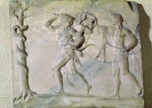 アポロ（大理石）の前でDelphic Tripodを運ぶヘラクレスを描いたタブレット