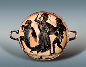 トロイア戦争：ヘクトルとアキレスの間で奮闘する女神アテナ。紀元前6世紀。カイリクス（酒杯）には黒い人物が描かれた陶器、バルセロナのカタルーニャ考古学博物館。 作： Greek