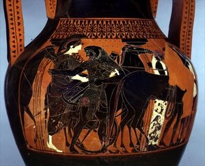 アテナを助けるヘラクレスの場面で装飾された黒像のアンフォラ、細部、前6～5世紀（陶製）