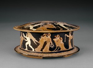 女性とエロトまたはキューピッドで飾られた屋根裏の赤像式pyxis、紀元前5世紀末のメイディアスの画家の近く（セラミック） 作： Greek School