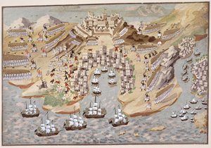ギリシャ独立戦争の絵画史からのヴォニツァを中心とした西ギリシャの鳥瞰図 作： Greek School