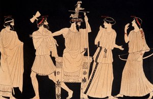 ジュピター（ゼウス）の頭から出てきたアテナの誕生（ヴルチで発見された絵画、20世紀後半）。 作： Greek School