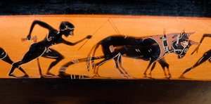 古代ギリシャのフィールドワーク。五角形の帯に黒い人物が描かれた「カット・デ・トラヴォー・デ・シャン」（紀元前530年頃）パリ。ルーブル美術館