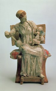 エロスと遊ぶアフロディーテの置物、タナグラ、紀元前4世紀後半（テラコッタ） 作： Greek School