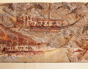 アクロティリ、テラ島、サントリーニ島、ギリシャ、詳細、船からの船の行列を描いたフレスコ画