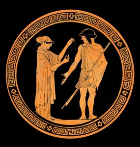 陶製の赤い人物像による装飾「勇敢な会話紀元前5世紀頃（陶製 作： Greek School