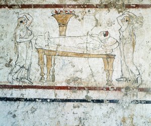 ガウドンネクロポリス、紀元前340年、死刑囚の死者を描いたルカニアのフレスコ画の墓の絵 作： Greek School