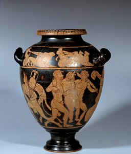 ギリシャの芸術：赤い数字のセラミックの屋根裏のスタノムス。ディオニュシアンシーン。ダナエの画家
