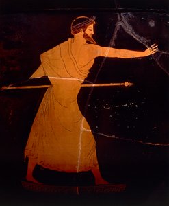 ギリシャ文明、赤絵陶器。ベルリンの画家の作とされるゼウスを描いたアッティカのクラテル。詳細。