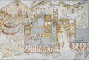 ギリシャのティラまたはサントリーニ島の西の家から出港する海軍艦隊を描いたミニチュア フレスコ画 作： Greek School