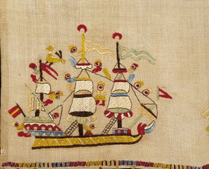 ブライダルタオルの一部、Skyros、スポラデス諸島（絹糸で刺繍されたリネン） 作： Greek School