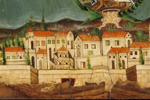 キクラデス諸島シロスからのギリシャの再生、コンスタンティノープルの詳細を描いたペルメット（木の卵のテンペラ） 作： Greek School