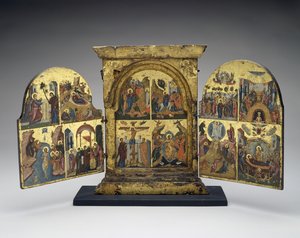 ラザロの育成;エルサレム入城;はりつけ;キリストの地獄への降下（中央パネル）、16世紀後半（木に金箔を貼ったテンペラ）