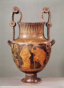 Boeotia（ceramic）からの、甥とヒマティオンを身に着けている女性との間の会話を描いた赤像式クレーター 作： Greek School