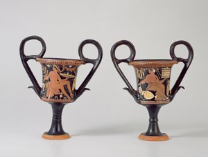 若者を描いた赤像式のカンタロスと女性を描いたカンタロ、紀元前310年頃（セラミック） 作： Greek School