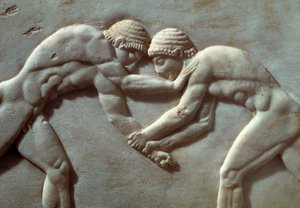 アスリート同士のコンテスト、ギリシャ、アテネのケラメイコスのネクロポリスからのレリーフ、詳細、ギリシャ文明、紀元前6世紀